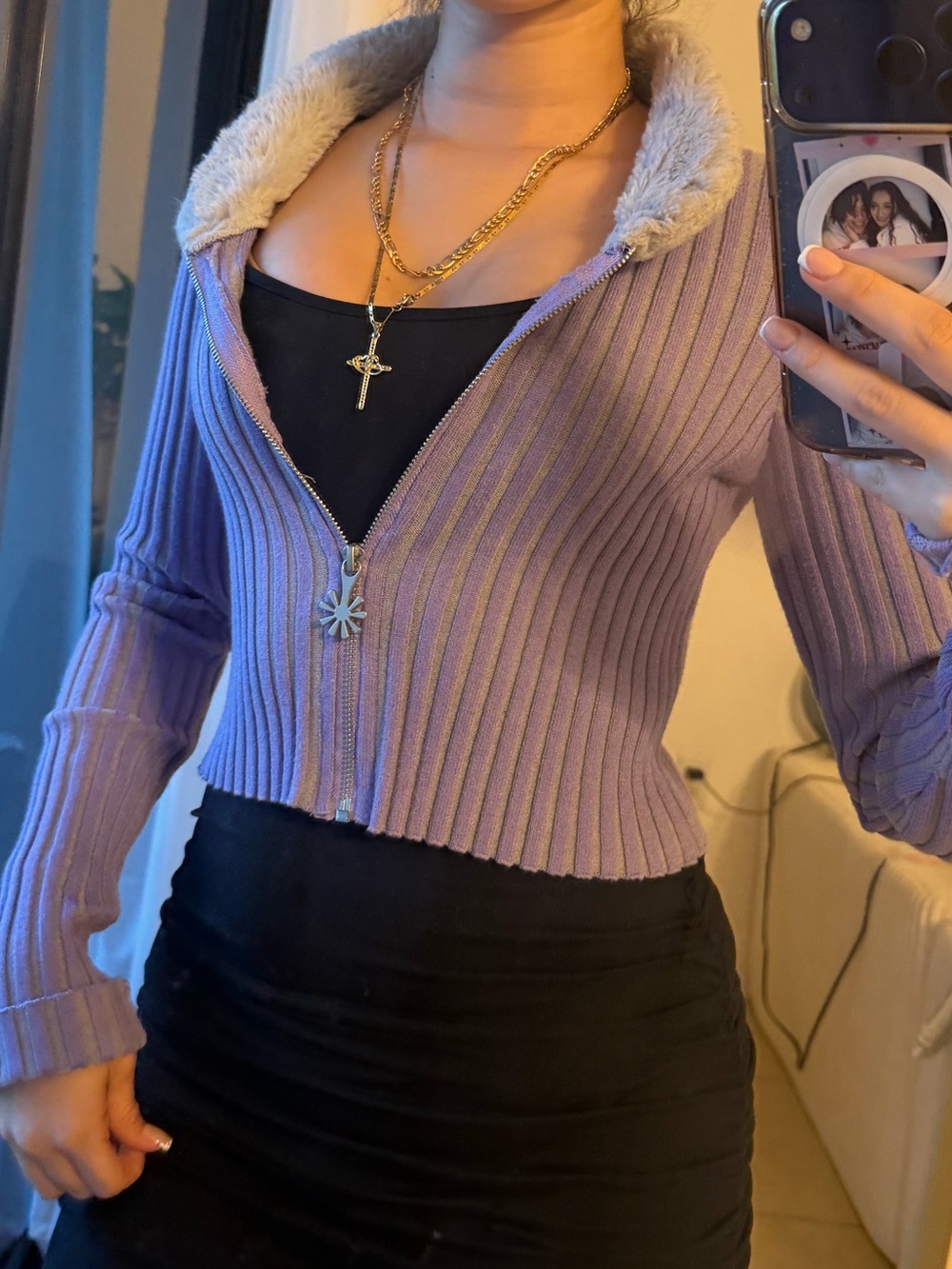 dELiA*s Lavender Ribbed V-Neck Zip Sweater with Cream Faux-Fur Collar
